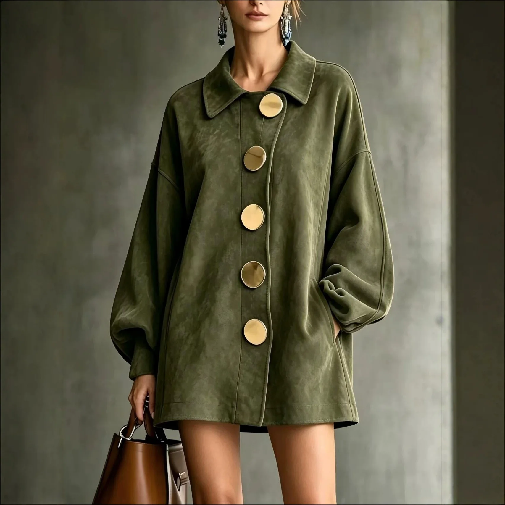 Women Faux Suede Coat Lapel Collar Large Gold Button Loose Lantern Sleeve Mid‑Length Casual Streetwear Outerwear Jacket for Lady