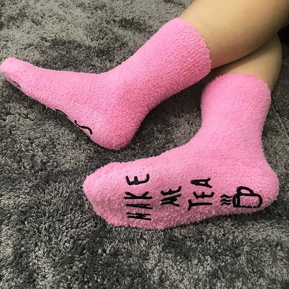 Funny Fuzzy And White Pink Crew Socks - Perfect Gift For Tea Lovers And Family Members Rubber sole