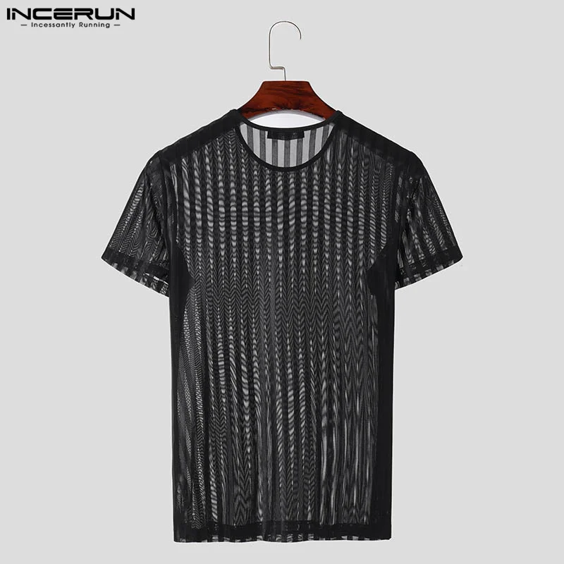 INCERUN Men T Shirt Striped Mesh Transparent O-neck Short Sleeve Men Clothing Streetwear 2024 Sexy Skinny Fashion Tee Tops S-5XL