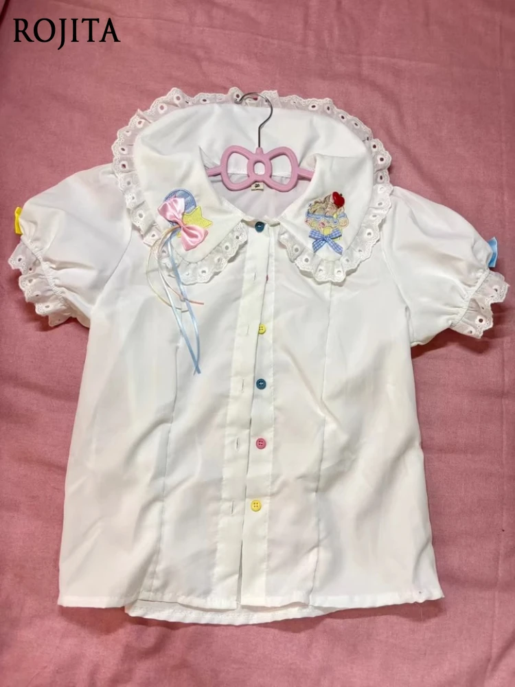 

Lolita Doll Collar Bubble Sleeve Shirt Women Lolita Sweet Inside with Cute Bow White Bottom Top Short Sleeve Women Tops