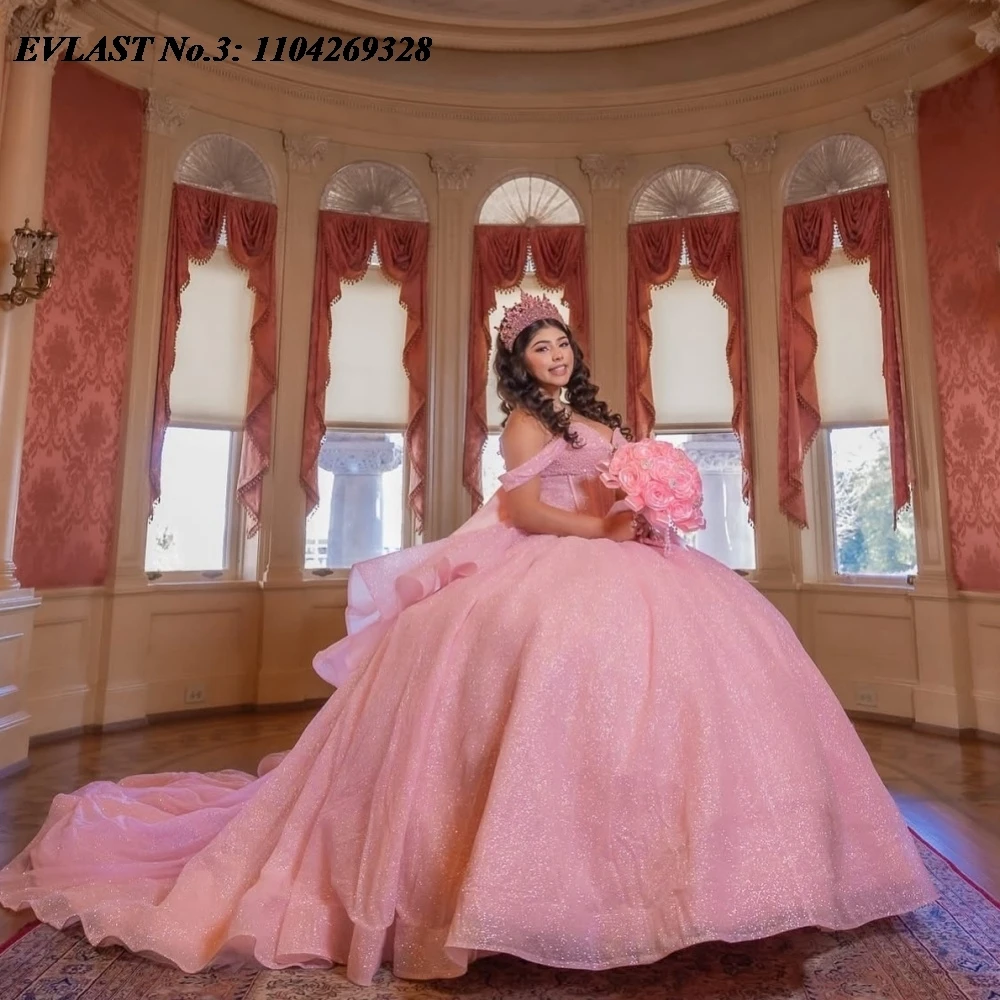 

EVLAST Customized Glitter Pink Quinceanera Dress Ball Gown Shiny Applique Crystal Beaded Bow Sweet 16 Vestidos De 15 Anos E3Q667