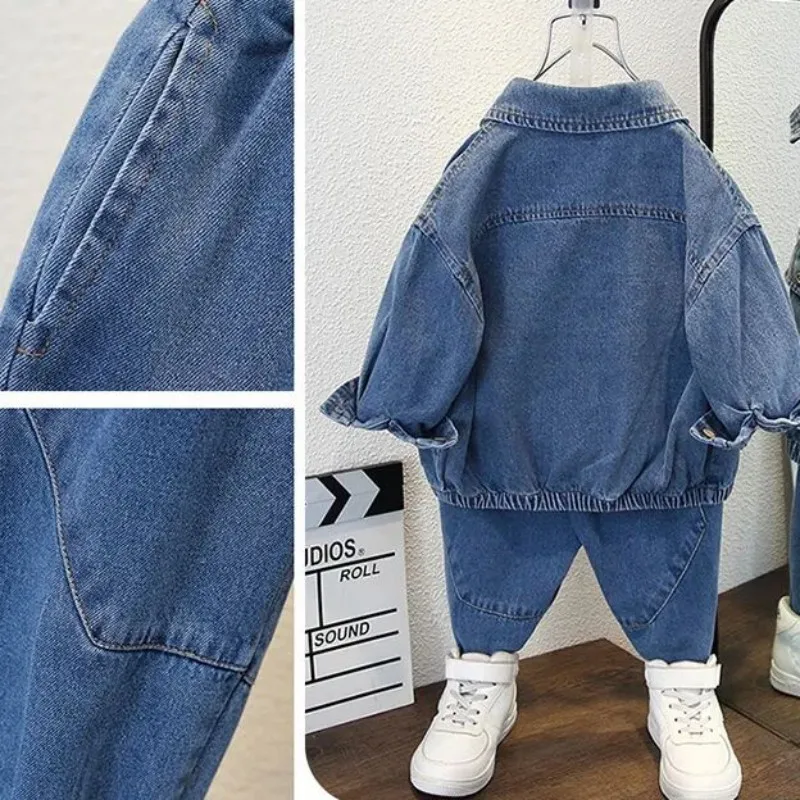 Meninos primavera denim conjunto nova versão coreana meninos roupas bonitas primavera e outono crianças moda jaqueta calça conjunto de duas peças