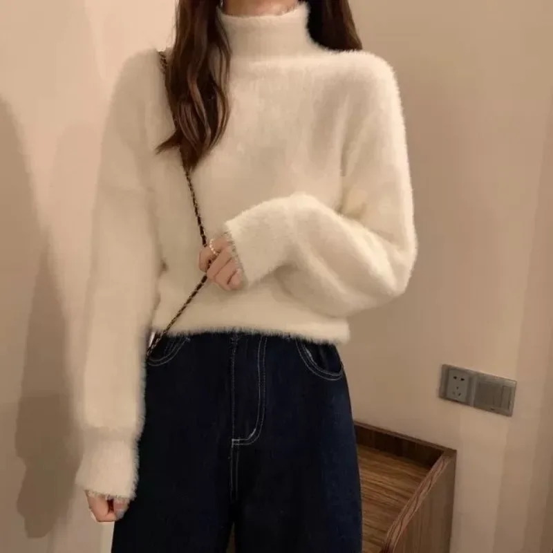 Autumn Winter Women Sweaters Fashion Female Long Sleeve Mock Neck Pullover Knitting Shirts Casual Mohair Knitted Sweater