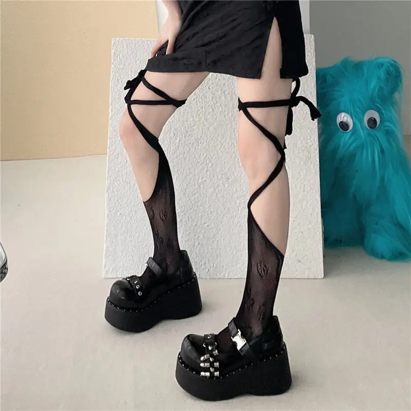 New Fishnets Tabi Socks Women Sexy Cross Tied Toe Sock Summer Thin Fishnet Stockings Japanese Style Y2K Hottie Knee High Socks image 4