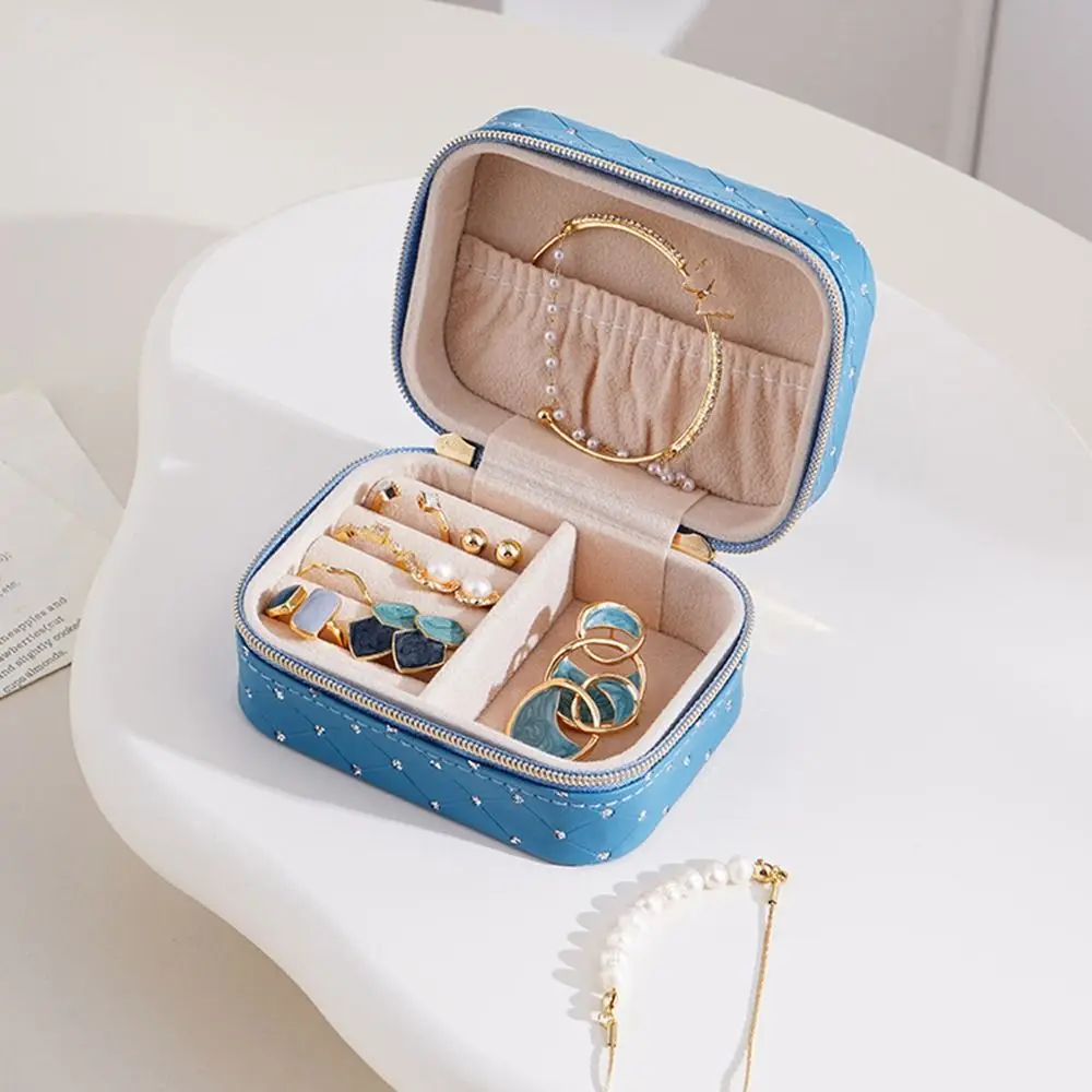 Shiny Rhinestone Pu Leather Jewelry Box Waterproof Zipper Jewelry Storage Case Large Capacity Multi-functional