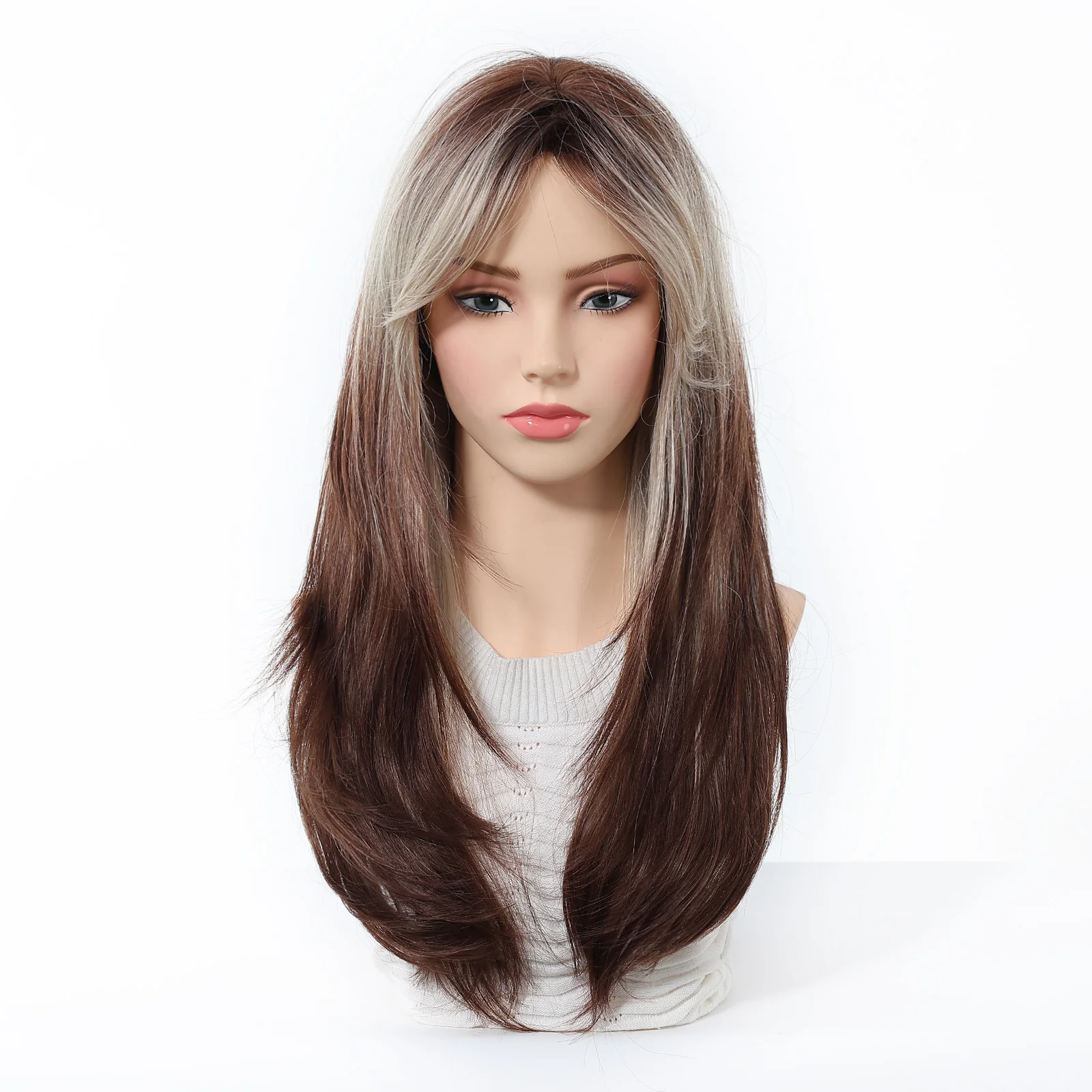 ロングストレートグレーブラウンオンブレ合成ウィッグ、前髪付き、女性用コスプレロリータパーティーレイヤードウィッグ、自然な見た目、耐熱性