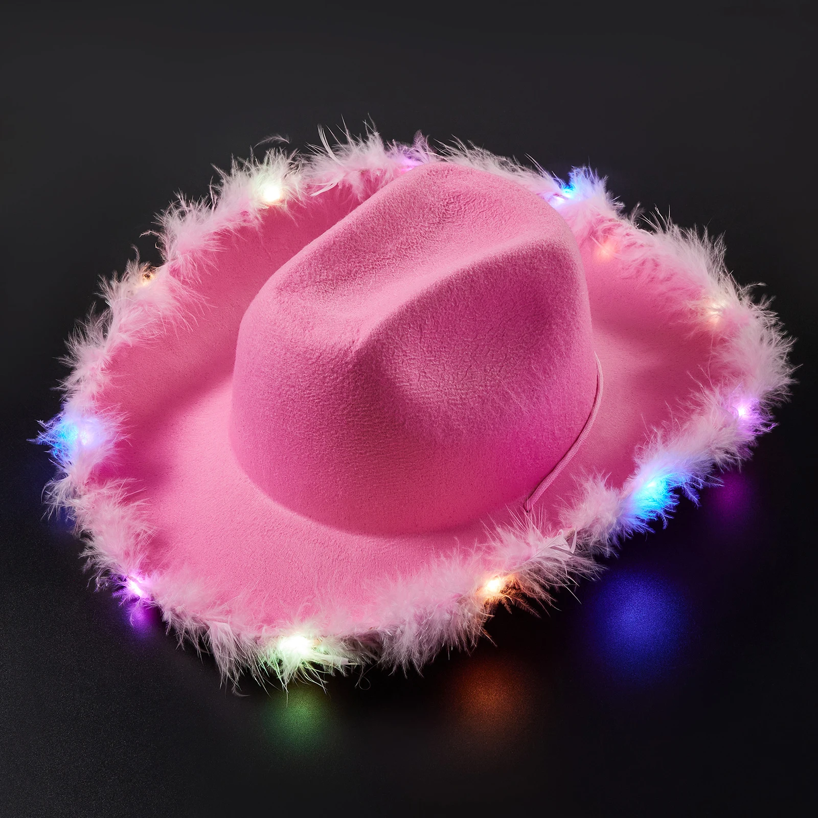 Combhasaki Feather Trim Cowboy Hats with Colorful LED Light Fun Club Party Disco Pink Cowgirl Hat for Women Men