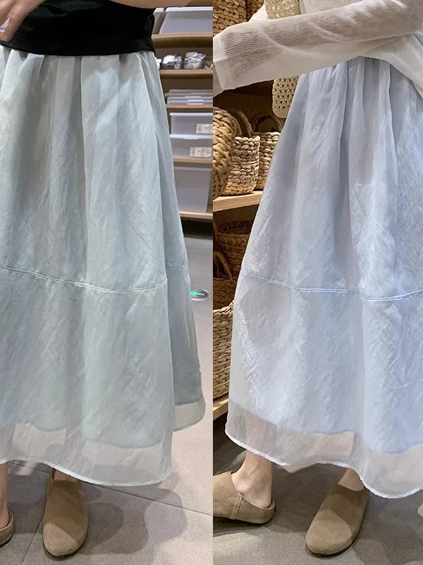 

plus Size Women's Blue Puffy Cake Skirt High Waist Slimming A-Line Midi Skirt Beautiful Mesh Half Skirt Summer Design Sense