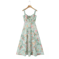 YENKYE 2023 Women French Style Floral Print A-line Midi Sling Dress Sexy Sleeveless Front Slit Female Holiday Party Summer Dress