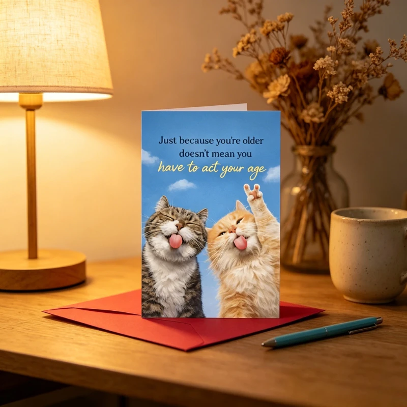 Greeting Card with Envelope, Designed for Cat Lovers, Conveying The Message That Age Should Not Limit Our Sense of Fun