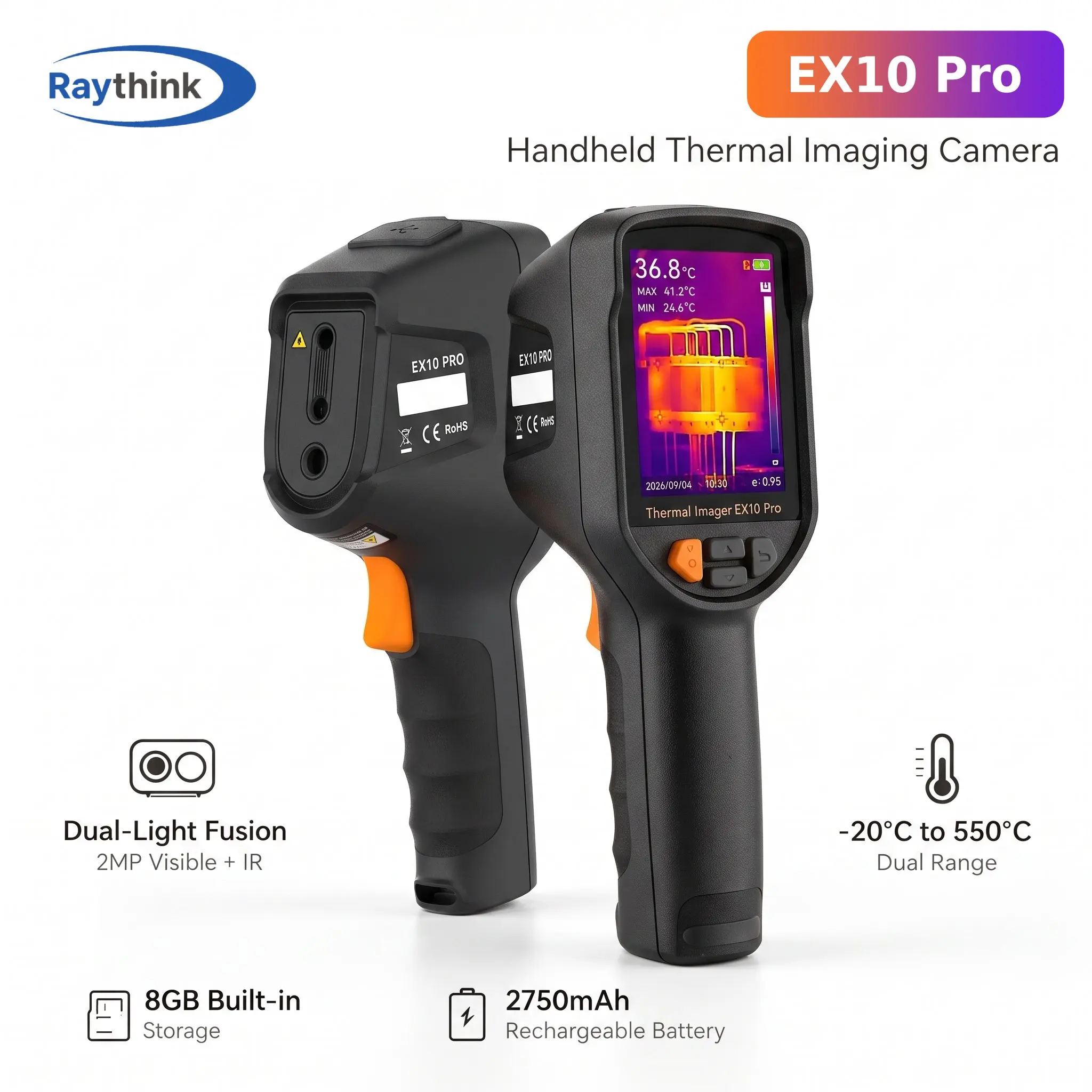 EX10 Pro Raythink Handheld Thermal Imaging Camera 2MP Visible Light,-20°C~550°C Auto Range, Electrical,2750mAh  10H+ Battery