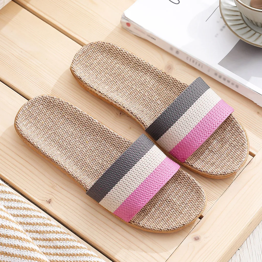 Women Linen Slippers Color Matching Leisure Indoor Floor Shoes Summer Home Silent Slippers Ladies Open Toe Comfortable Slippers