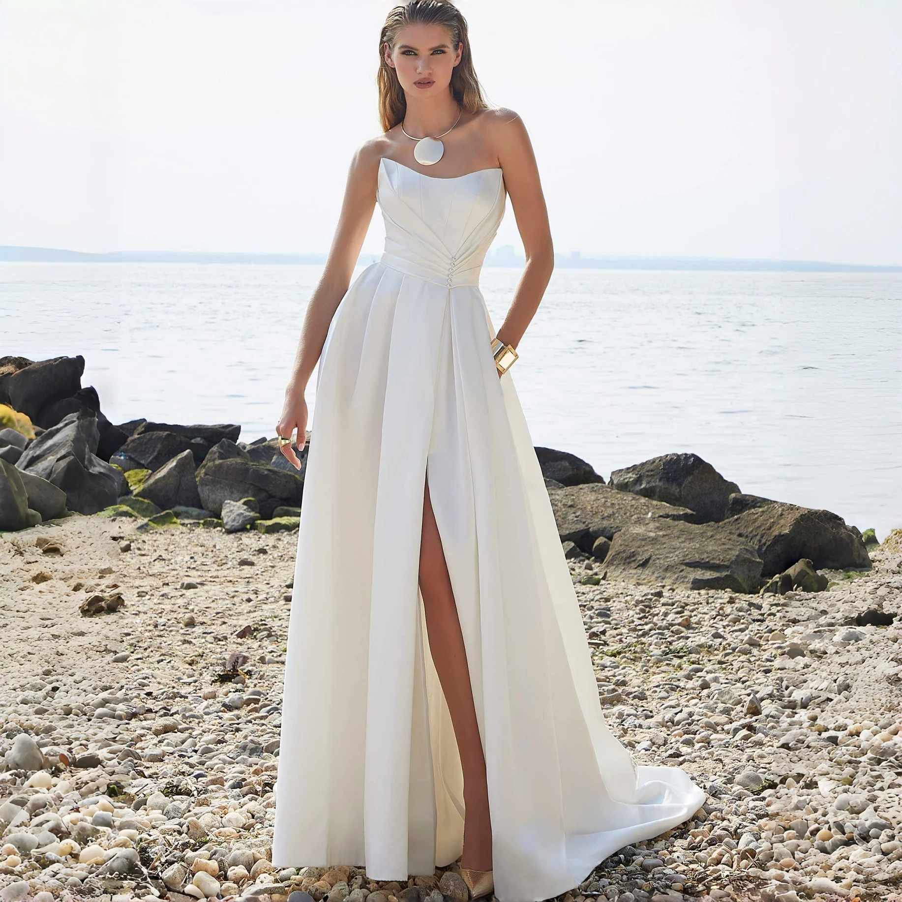 Strapless Sweetheart Satin A Line Wedding Dress Slit Pearl Button Open Back Chapel Train Bridal Gown Beach Wedding Customizable