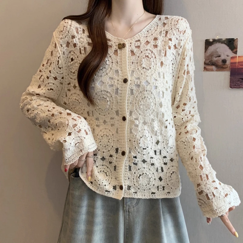 

Crochet Cardigan for Women Sheer Openwork Knitted Top Button Down Openknit Blouse Boho Chic Vacation Outfit