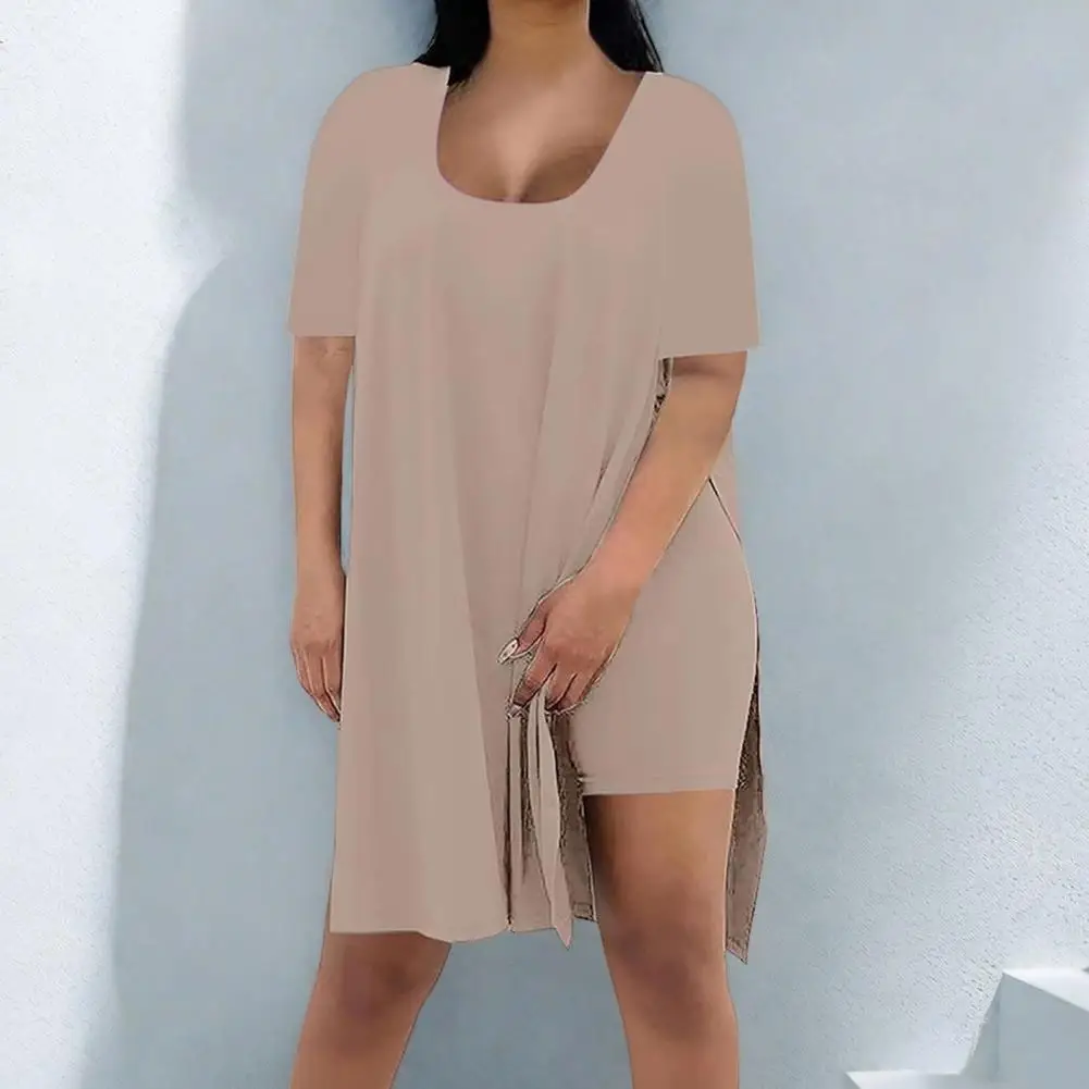2026 Women Plus Size 2 Piece Outfits Side Split Short Sleeve Tunic Tops And Skinny Biker Shorts Sets Summer Lounge Tracksuit