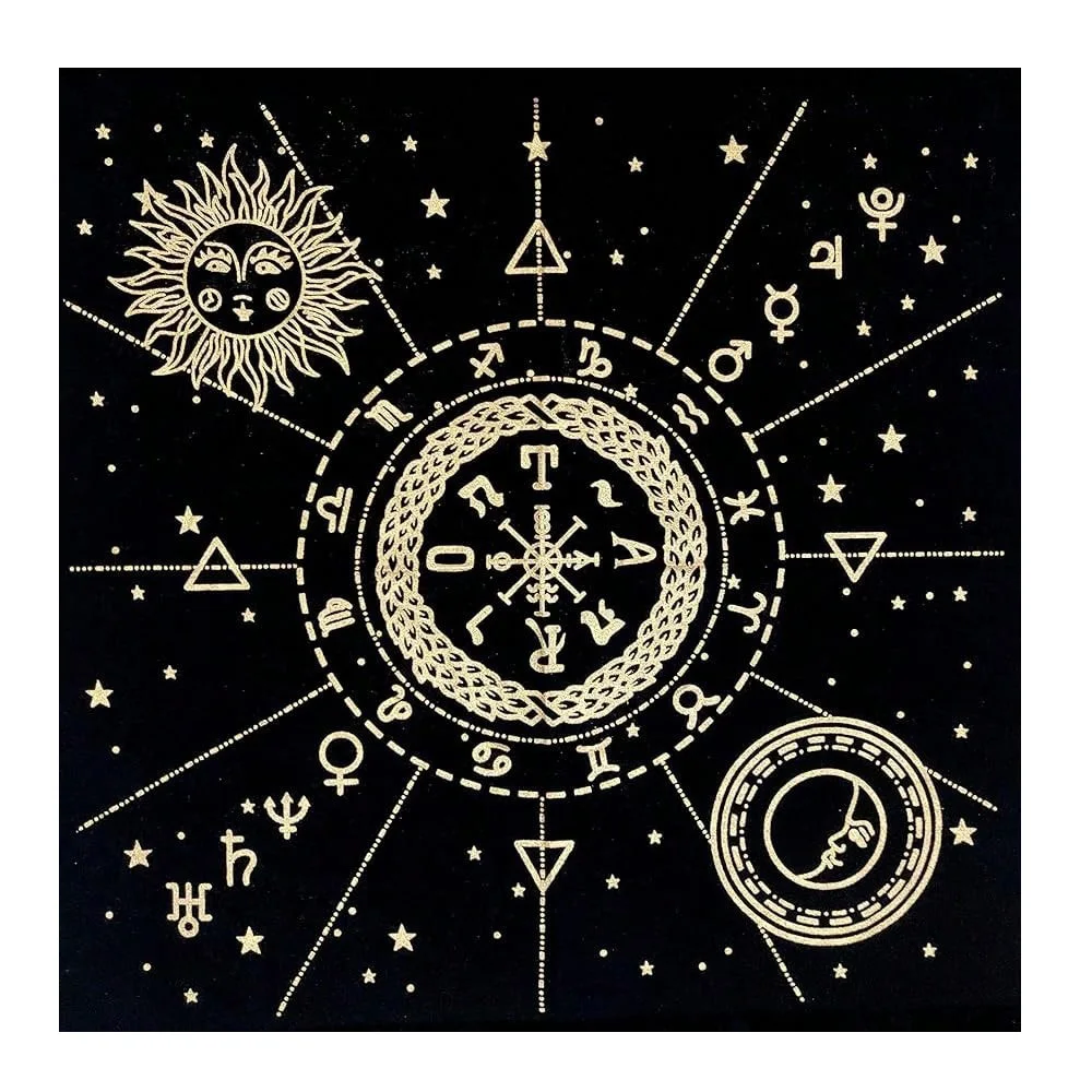 Black Gold Zodiac Tarot Altar Cloth Multiple Sizes HD Sublimation Print Sun Moon Celestial 100 Polyester Machine Wash Ritual