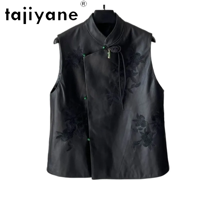 TAJIYANE Real Leather Jacket Woman Vests Chic Sheepskin Jackets for Woman Frog Button Leather Coats Embroidered Jaqueta Vintage