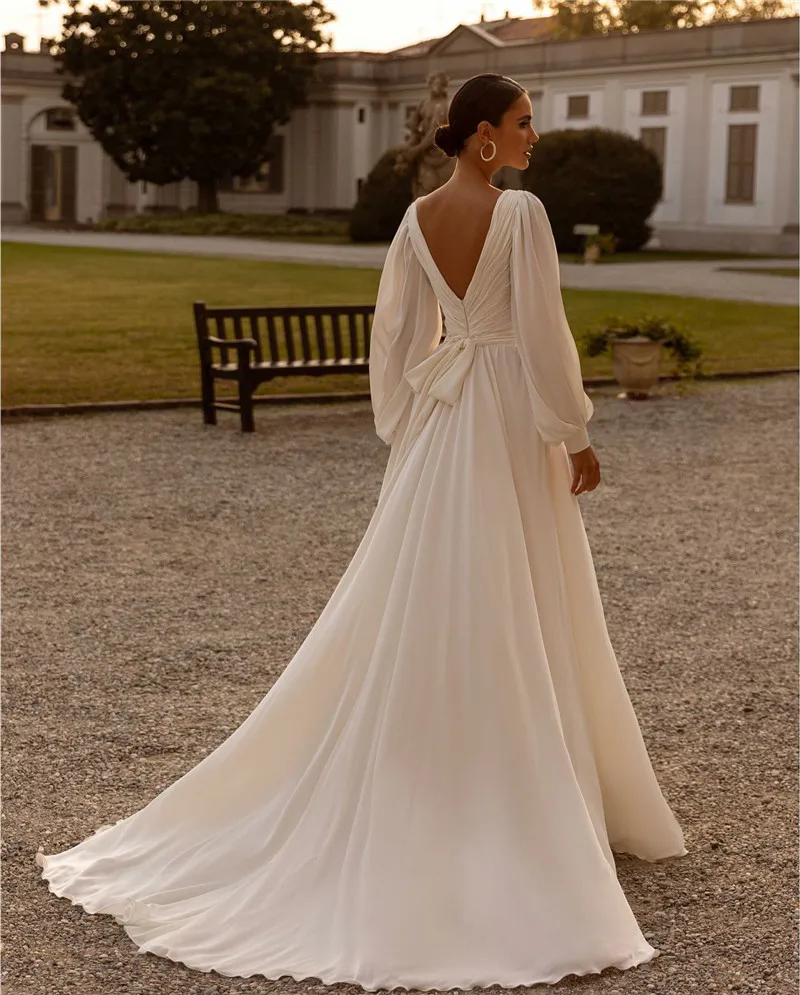 Boho Chiffon Long Sleeves A Line Wedding Dresses Custom Made Sweep Train vestidos de noiva modernos 2023