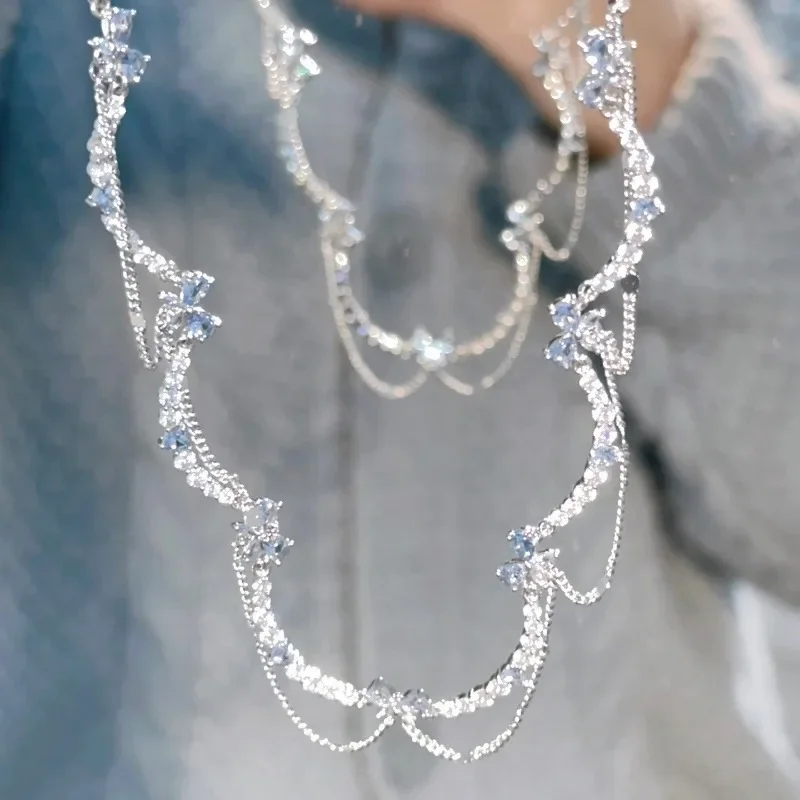 Double Layer Butterfly Women's Necklace With Rhinestones  Korean Fashion Gorgeous Wedding Gift Clavicle Chain For Femme Jewelry