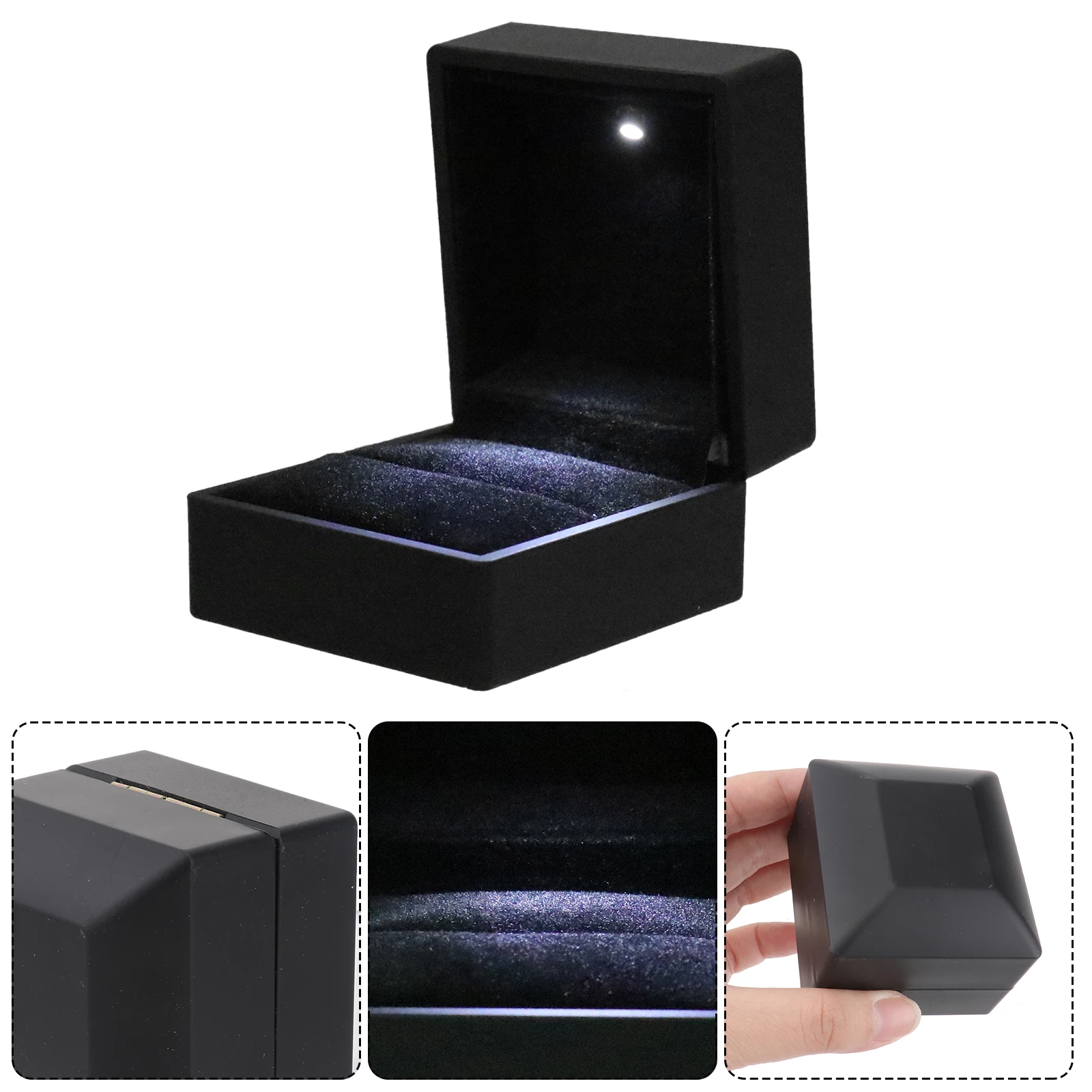 

Engagement Ring 75x75x45mm Black PU Metal LED Light Proposal Wedding Ring Case Gift Boxes Wedding Jewelry Case Storage