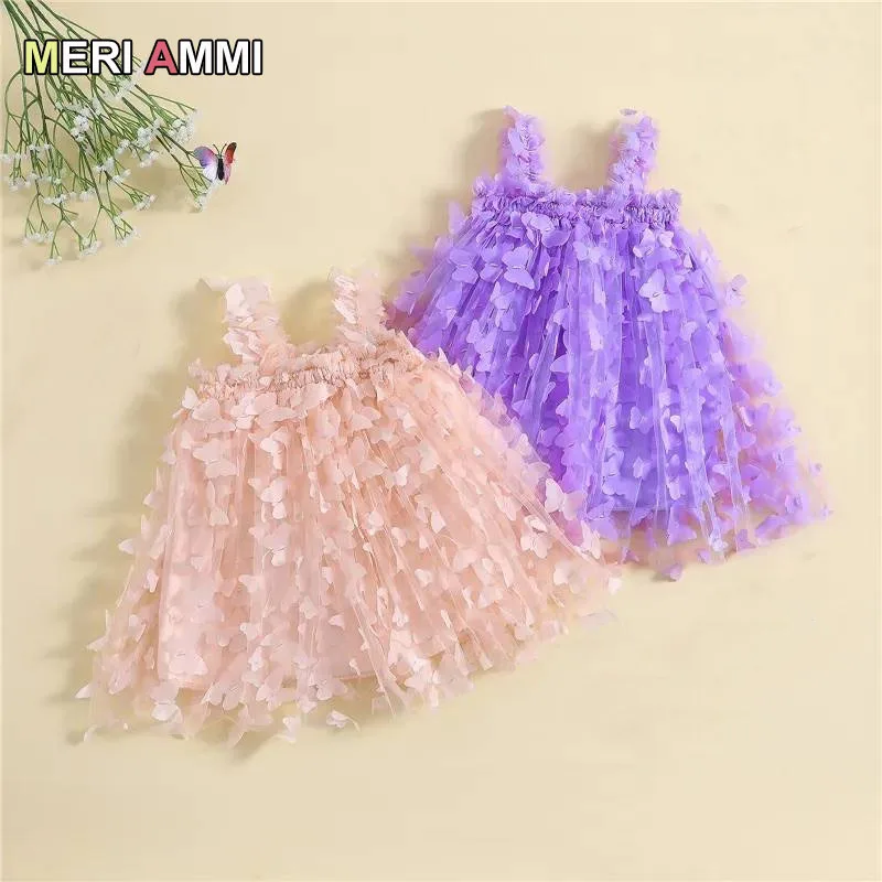 MERI AMMI-Vestido borboleta sem mangas para meninas, roupas infantis, roupas de festa de aniversário, floral, até o joelho, malha infantil, 1 a 10 anos