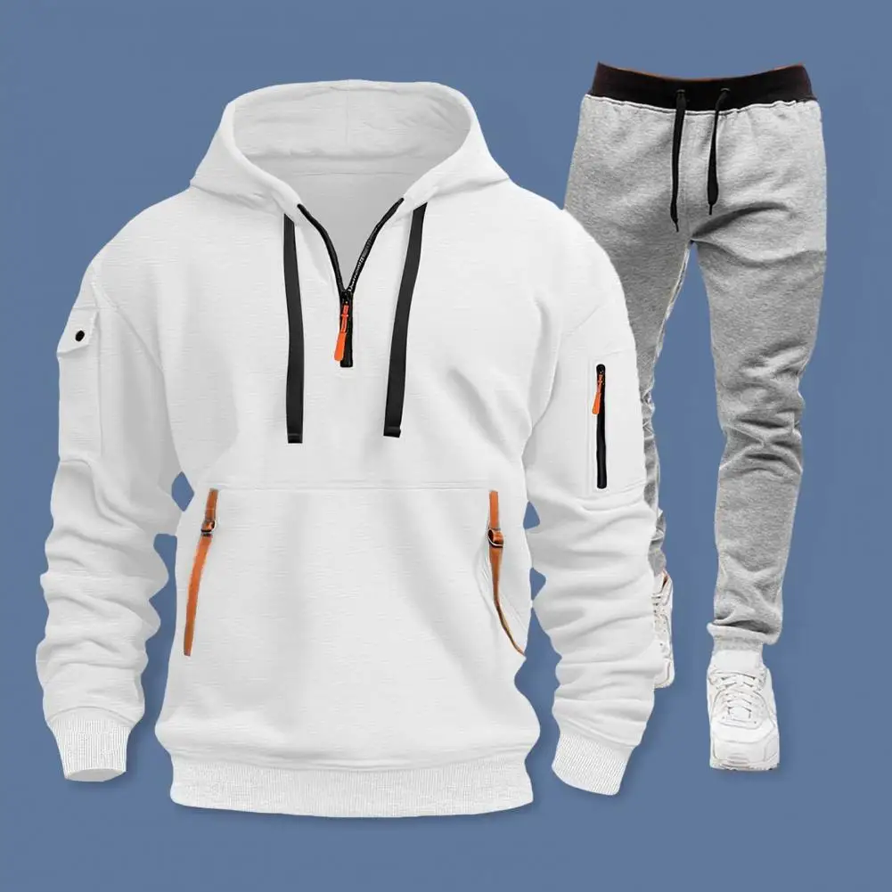 2Pcs/Set Men Sports Suit Hooded Drawstring Long Sleeve Pockets Sweatshirt Elastic Waist Trousers Set Fitness Tracksuit