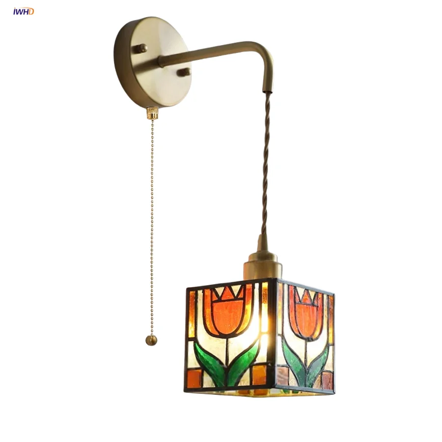 

IWHD Pull Chain Switch LED Wall Light Fixture Sofa Bedroom Restaurant Nordic Modern Tiffany Colored Square Glass Bathroom Lamp