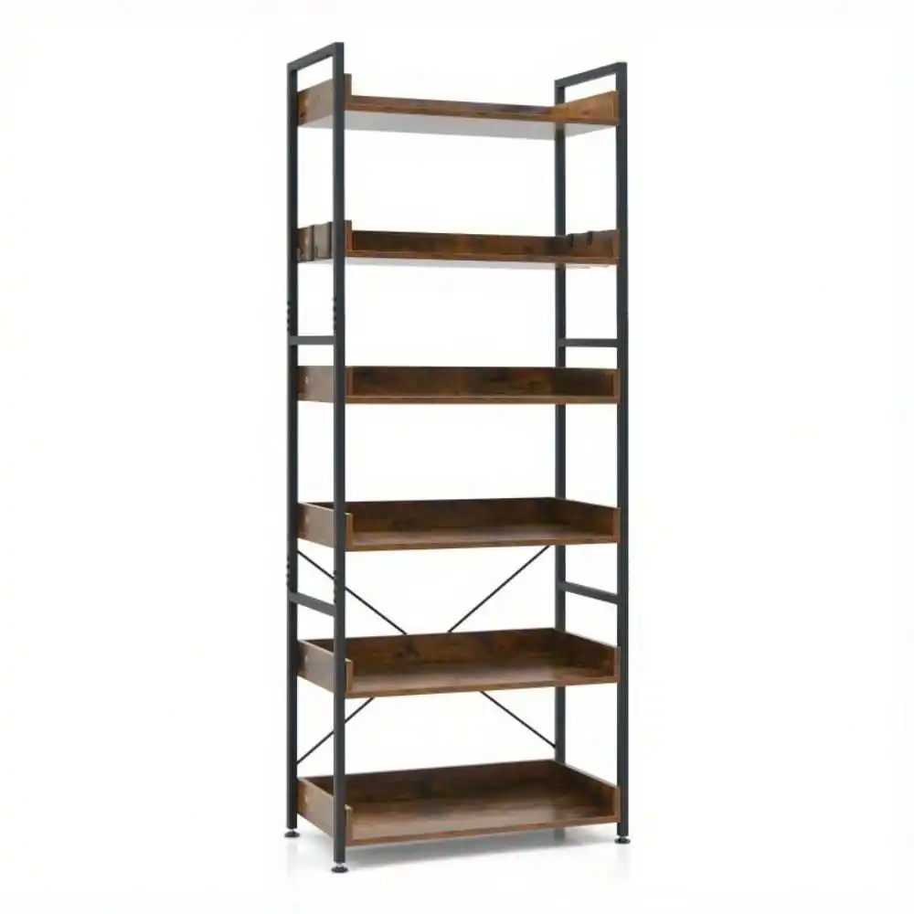 Bookshelf Open Display Shelves Storage Rack Metal Frame Hooks Rustic