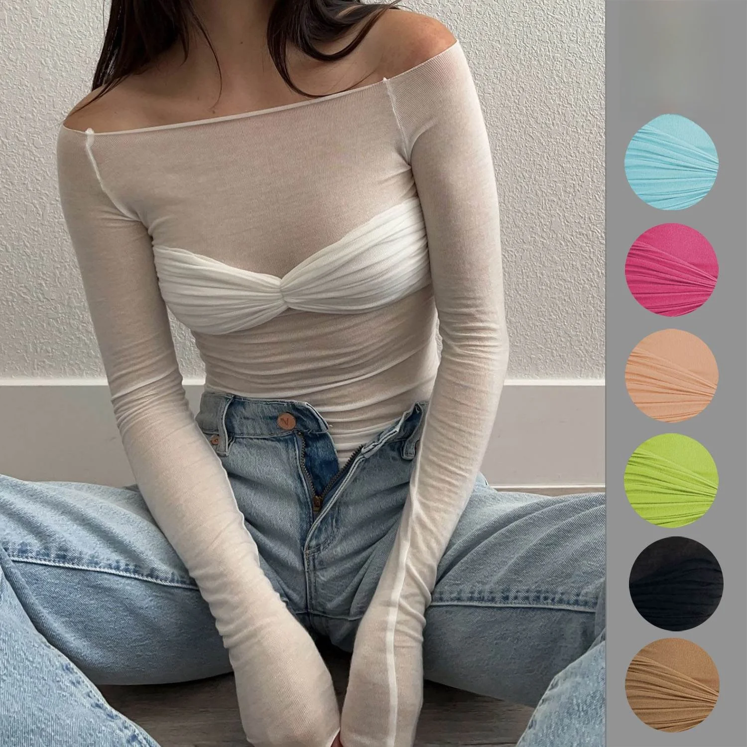 

Women's Thin Perspective One-Line Ne T-irt Cute Sle Long Sve Slim Fit Spring Season 3D Design Other Material T-irt