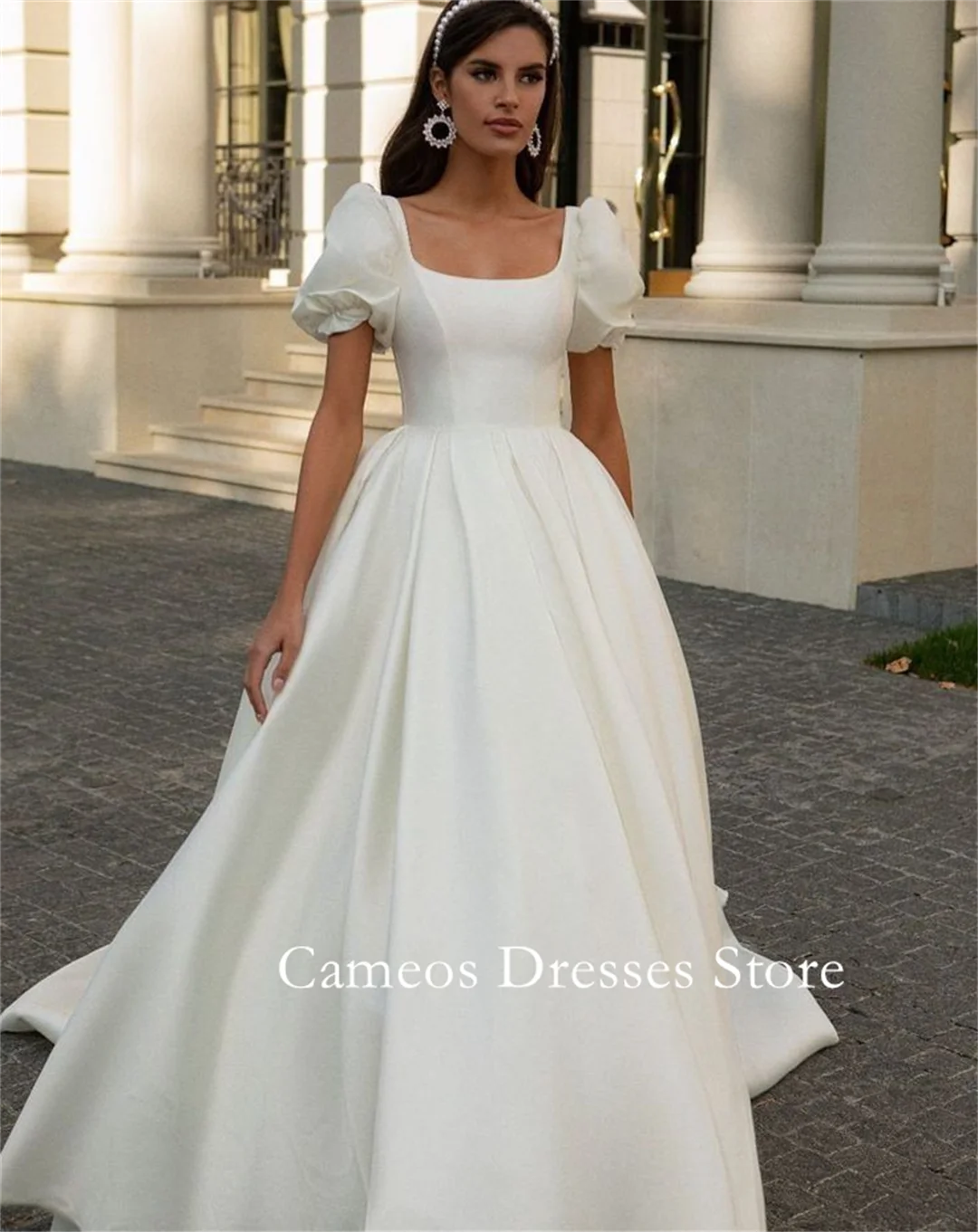 

SONDR Customized Square Neck Puff Sleeves Wedding Dresses Simple A-Line Satin Corset Korea Brides Gowns Women Bridal Dresses