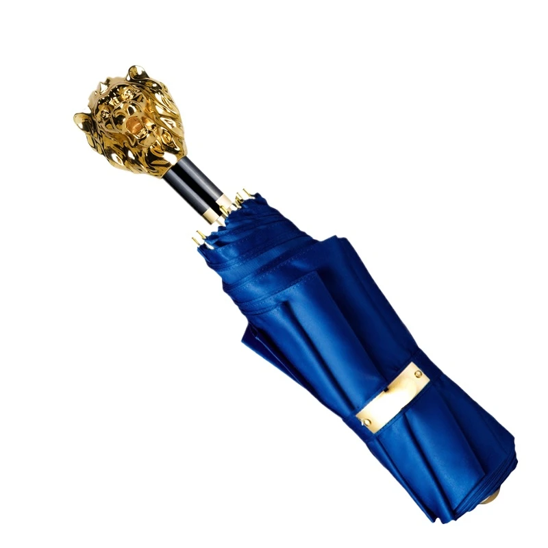 Handmade men's luxurious sunny golden lion business advertising umbrellas, folding sun protection three fold umbrellas