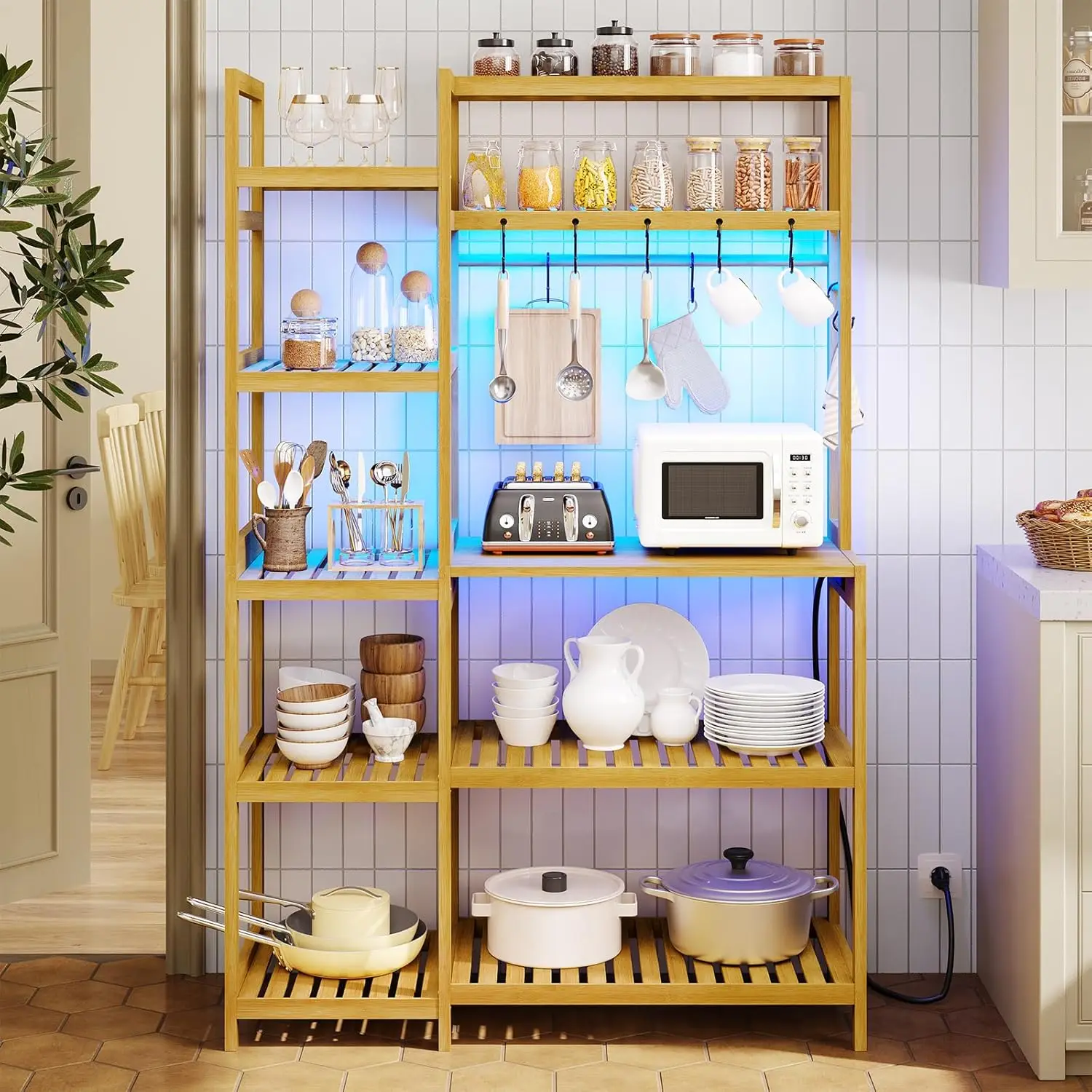 

Bakers Rack with Power Outlet, 10-Tier Kitchen Shelf, Microwave Stand, Bamboo, 15.7 x 41 x 65 Inches