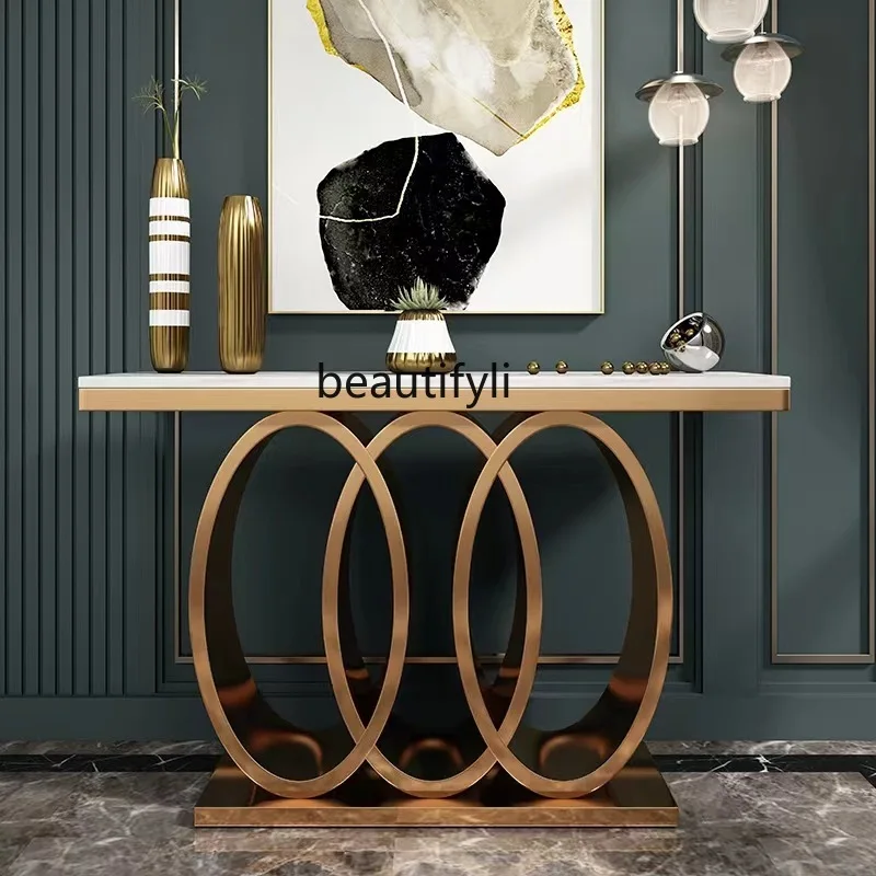

Stainless steel Italian light luxury simple marble entrance table against the wall entrance platform
