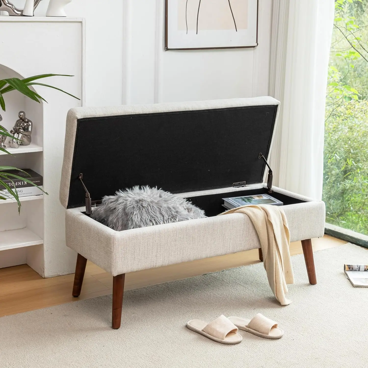 43.3 "Storage Bench,กระจุกเท้าBenchสําหรับปลายเตียง,Entryway Storage Ottoman Bench,สตูลวางเท้าห้องนอนที่นั่งไม้เนื้อแข็ง