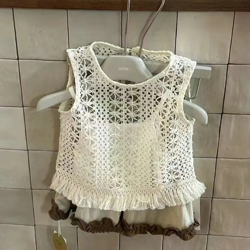 Girls Summer Set 2024 New Korean Summer Hollow Tank Top+Strap Top+Short Skirt 3pcs Girls Fashion Kids Outfit Children Clothing