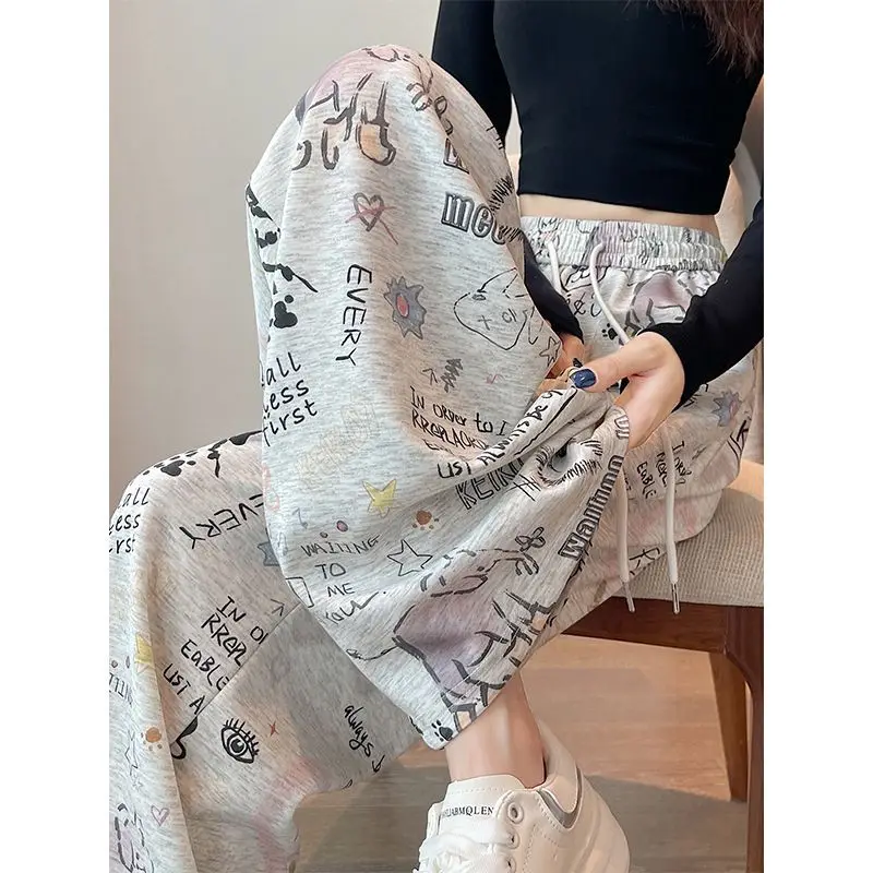 Autumn Winter New Korean Vintage Digital Full Print Casual Pants Women Simple Straight Leg Long Trousers Female Streetwear