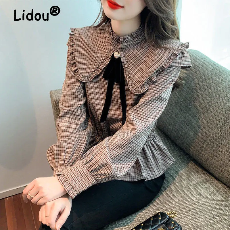 

2022 New Autumn Vintage Plaid Print Bow Chic Elegant Fashion Blouse Tops Women Casual Slim Small-waisted Peter Pan Collar Shirts