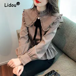 2022 Nieuwe Herfst Vintage Plaid Print Bow Chic Elegante Mode Blouse Tops Vrouwen Casual Slanke Kleine Taille Peter Pan kraag Shirts