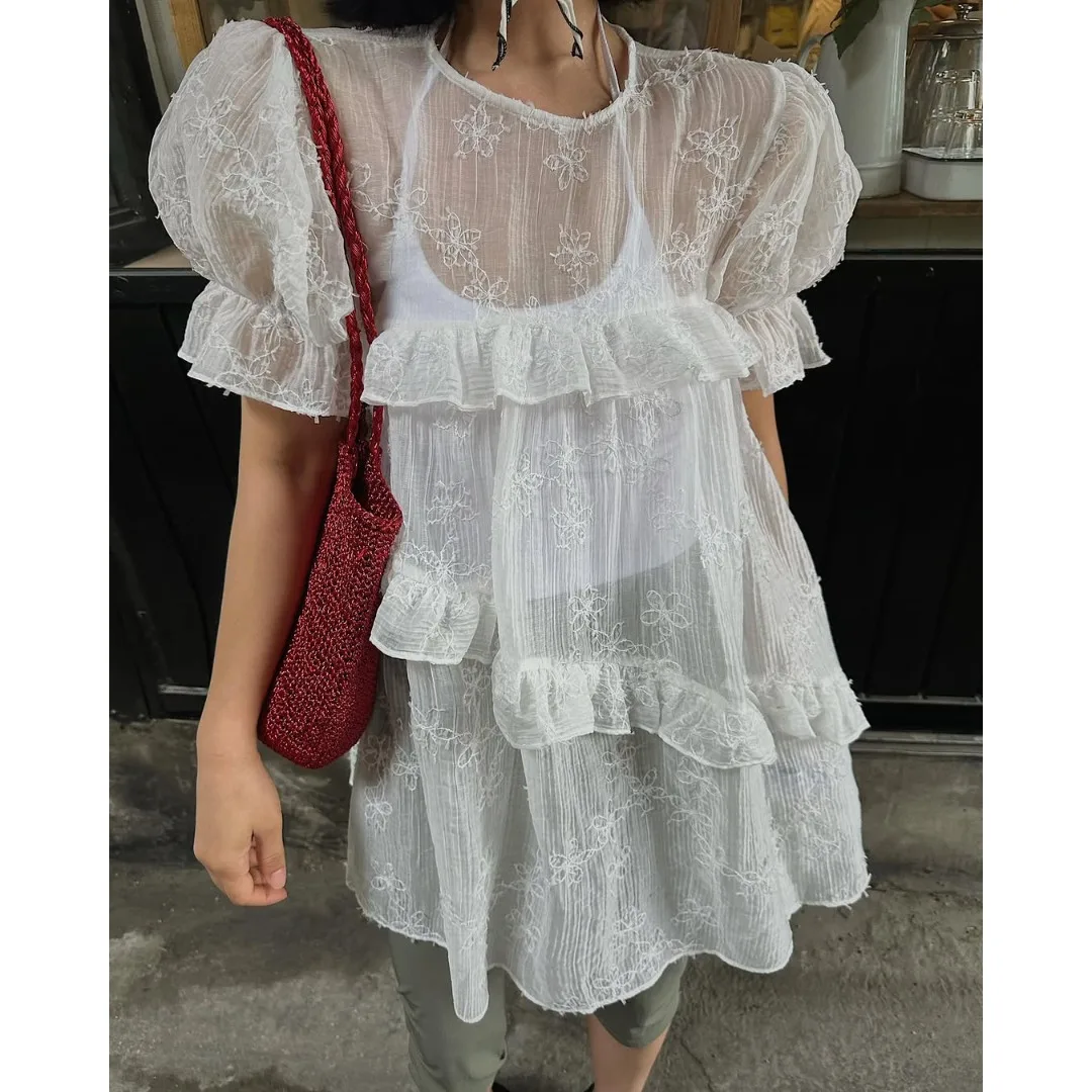 2026 Summer New Korean Style Chic Embroidered Bubble Sleeve Top Women's Loose Fit Lace Shirt Translucent Breathable