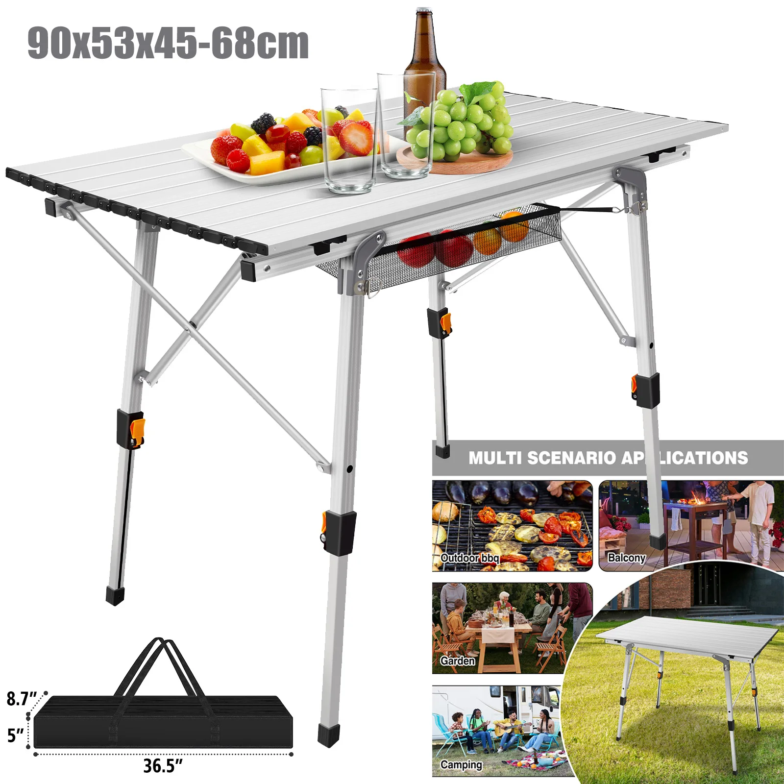 Camping Tables Rollup Picnic Table with Height Adjustable Legs, Collapsible Table Aluminium Outdoor Folding Table,90x53x45/68cm