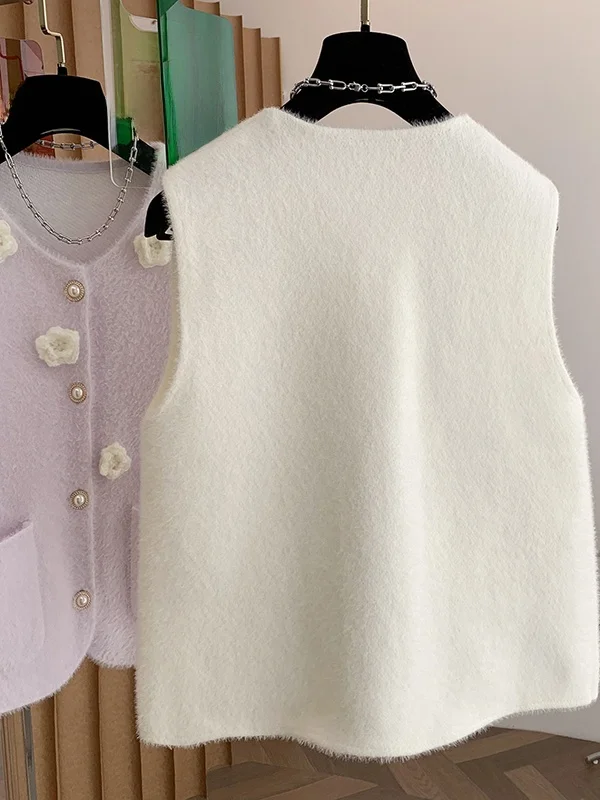 Colete de malha oversized feminino casual sle v-ne scela gola de pele sintética bule corte-etiqueta colion cor flor 3d