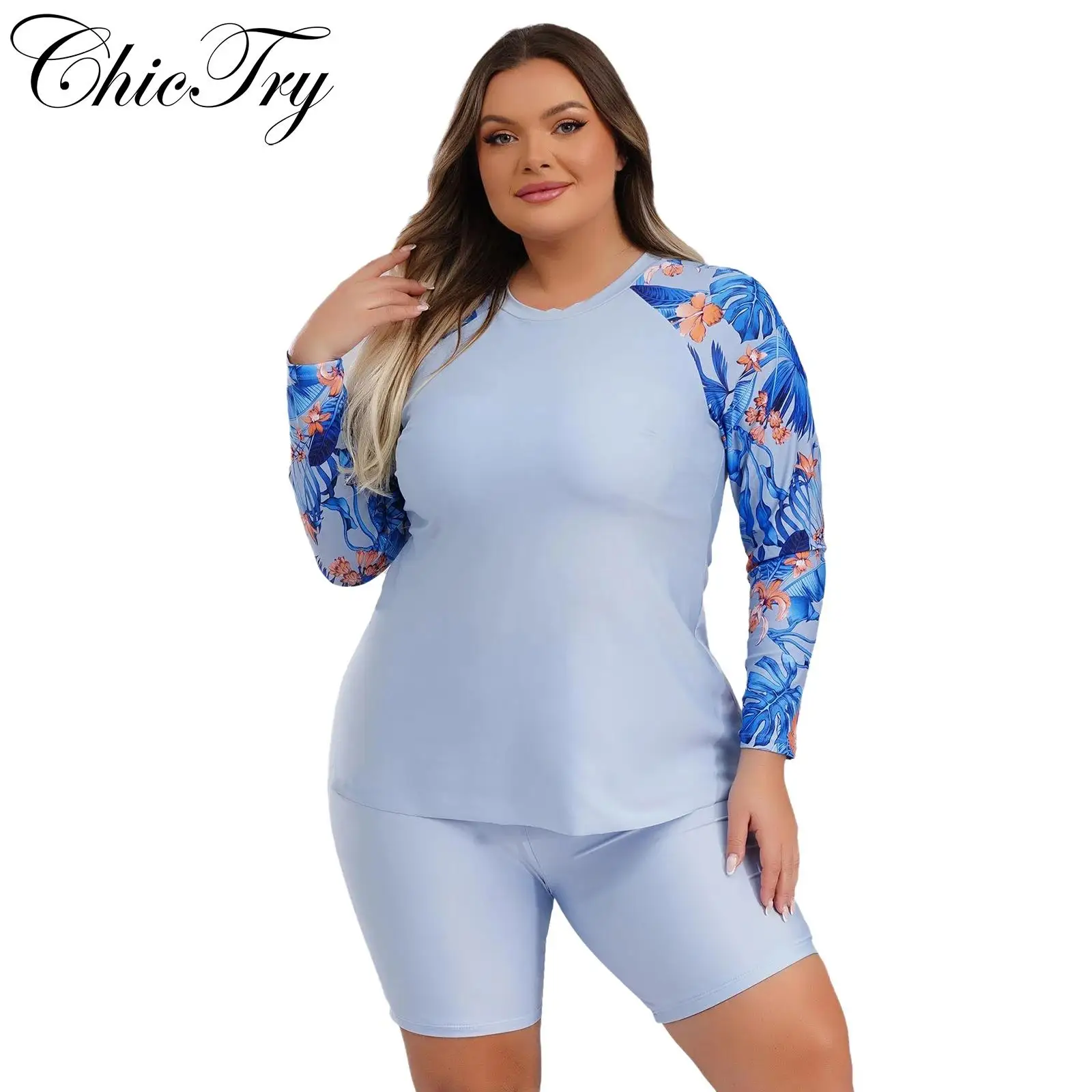 

Womens Swim Sets 2pcs Swimsuit Long Sleeve Padded Top with High Waist Tummy Control Shorts Tropical Print Beach Bathing Suits