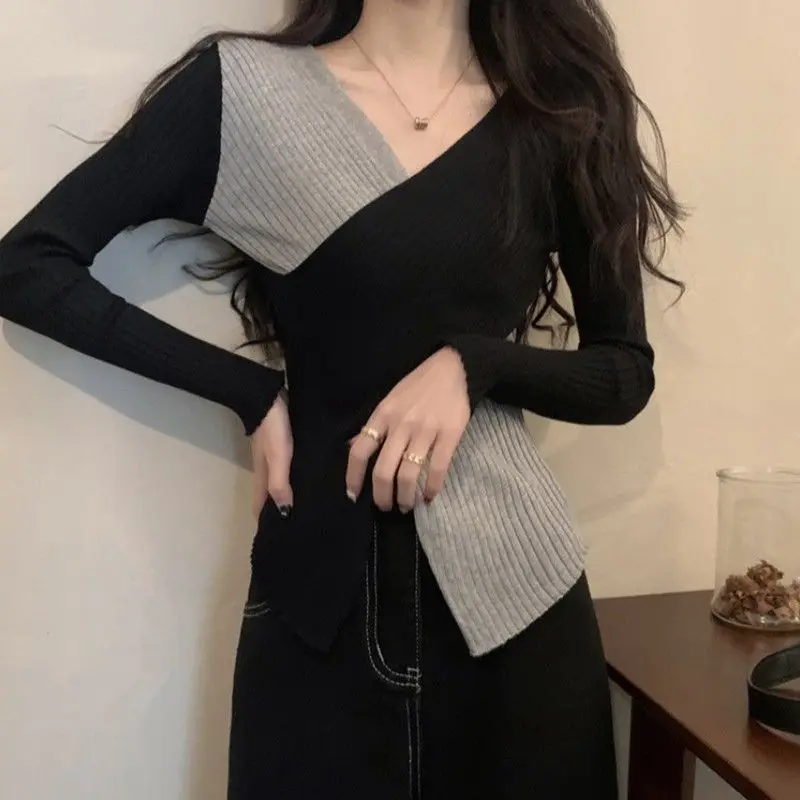 Pullovers Women V-neck Panelled Soft Ulzzang Autumn Office Lady Temperament Leisure Slim Knitwear Harajuku Gentle Designed Daily