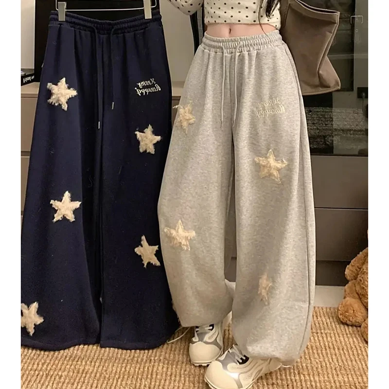 American Vintage Star Pants Women Embroidered Sweet High Waisted Wide Leg Trousers Preppy Style Cute Casual Lazy Hiphop Pants
