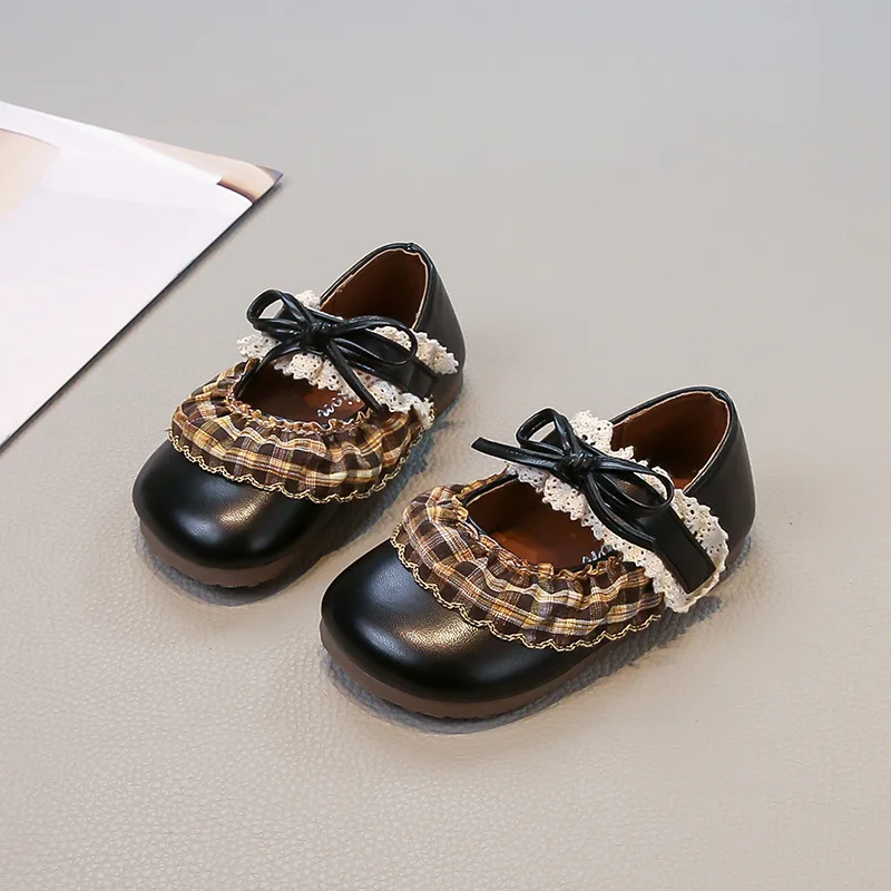

Girls Sweet Flat Shoes Princess Ruffled Edge Elegant Kids Leather Shoes Bowknot Wedding Party Children's Fashion Causal Shoes