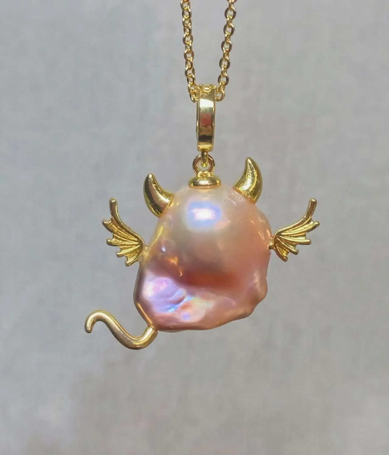 14K Gold Plated Natural Baroque Pearl Little Monster Pendant Cute Animal Charm Necklace 925 Sterling Silver Fashion Jewelry Gift