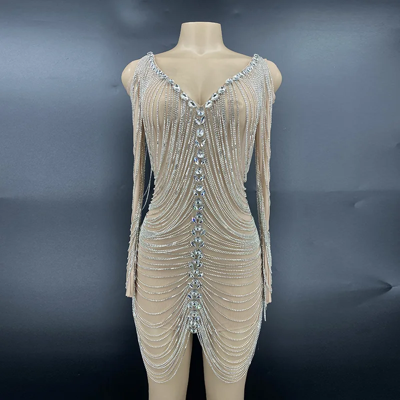 Vestido de noche con cadena de cristal térmico para mujer, vestido de baile hasta la rodilla, diamantes de imitación brillantes