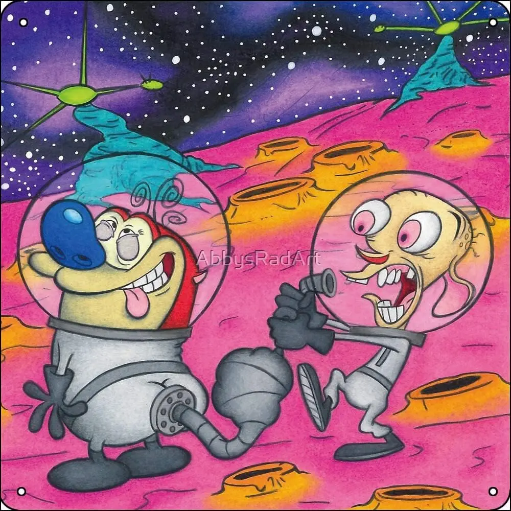 Ren and Stimpy Trippy Space Planet Poster Metal Sign 12 x 12 inches Funny for Home Man Cave Garage Wall Decorations