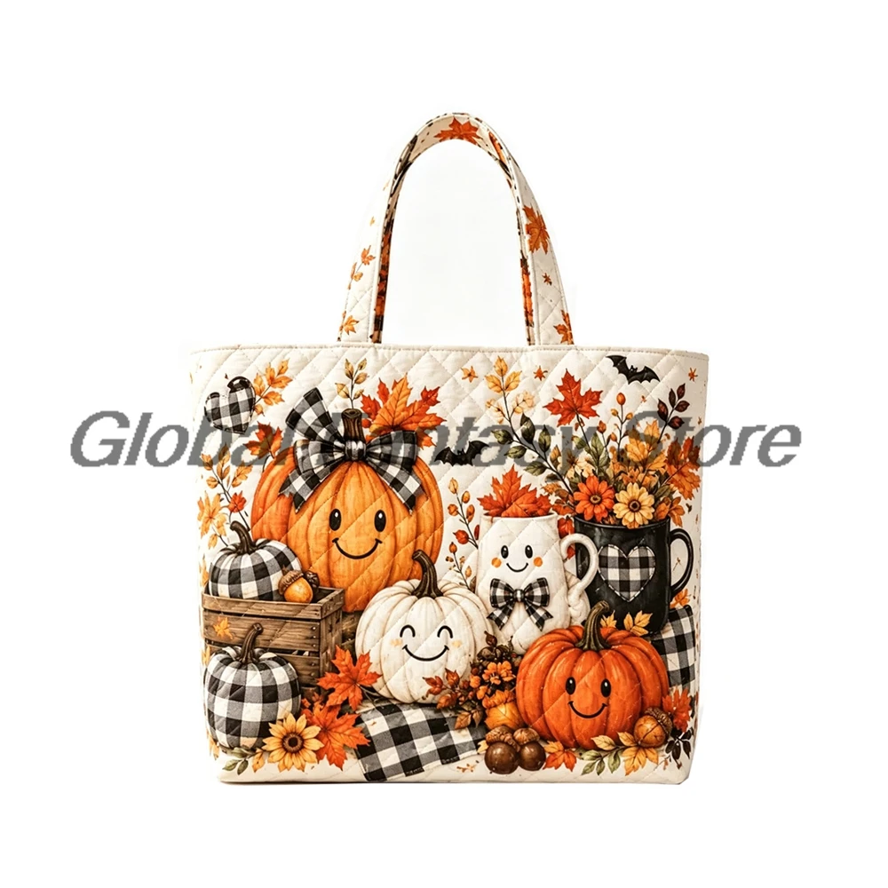Halloween Fall Harvest Pumpkin Quilted Tote Buffalo Plaid Maple Leaf Ghost Print Shoulder Bag Women Daily Shopping HandBag