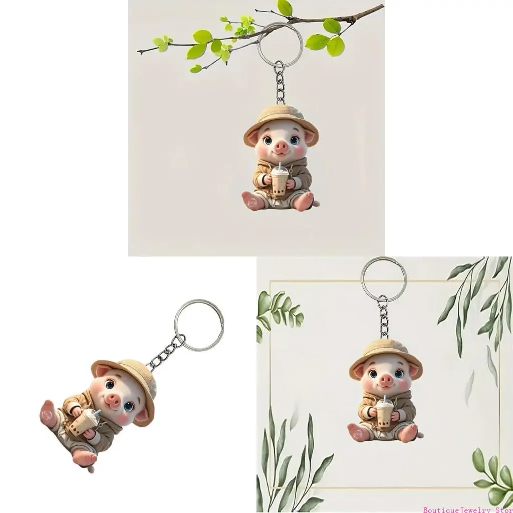 E1PE Vibranting Milk Drink Pig Acrylic Keychain Home Car Decoration Accessory